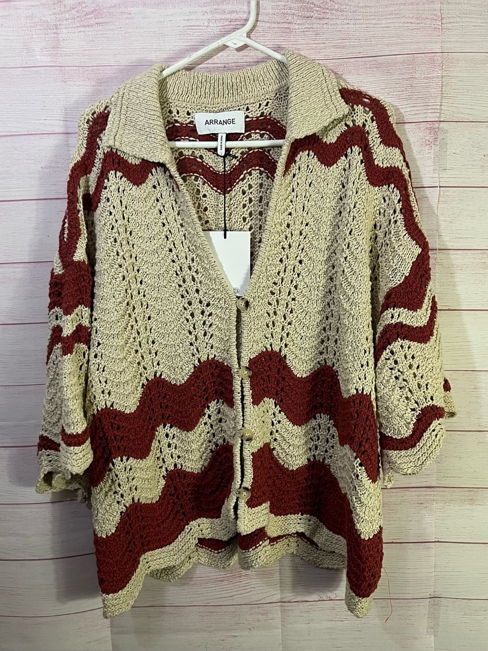 Arrange NEW Rust Beige Curve Striped Button Front Crochet Top Size Med